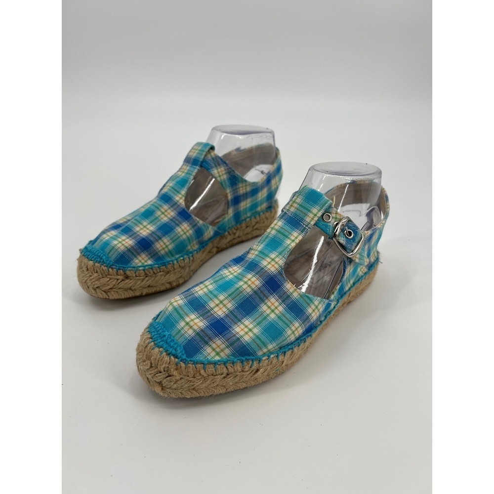 Andre Assous Plaid Espadrille T-Strap Platform Sandals Blue Green Womens 6